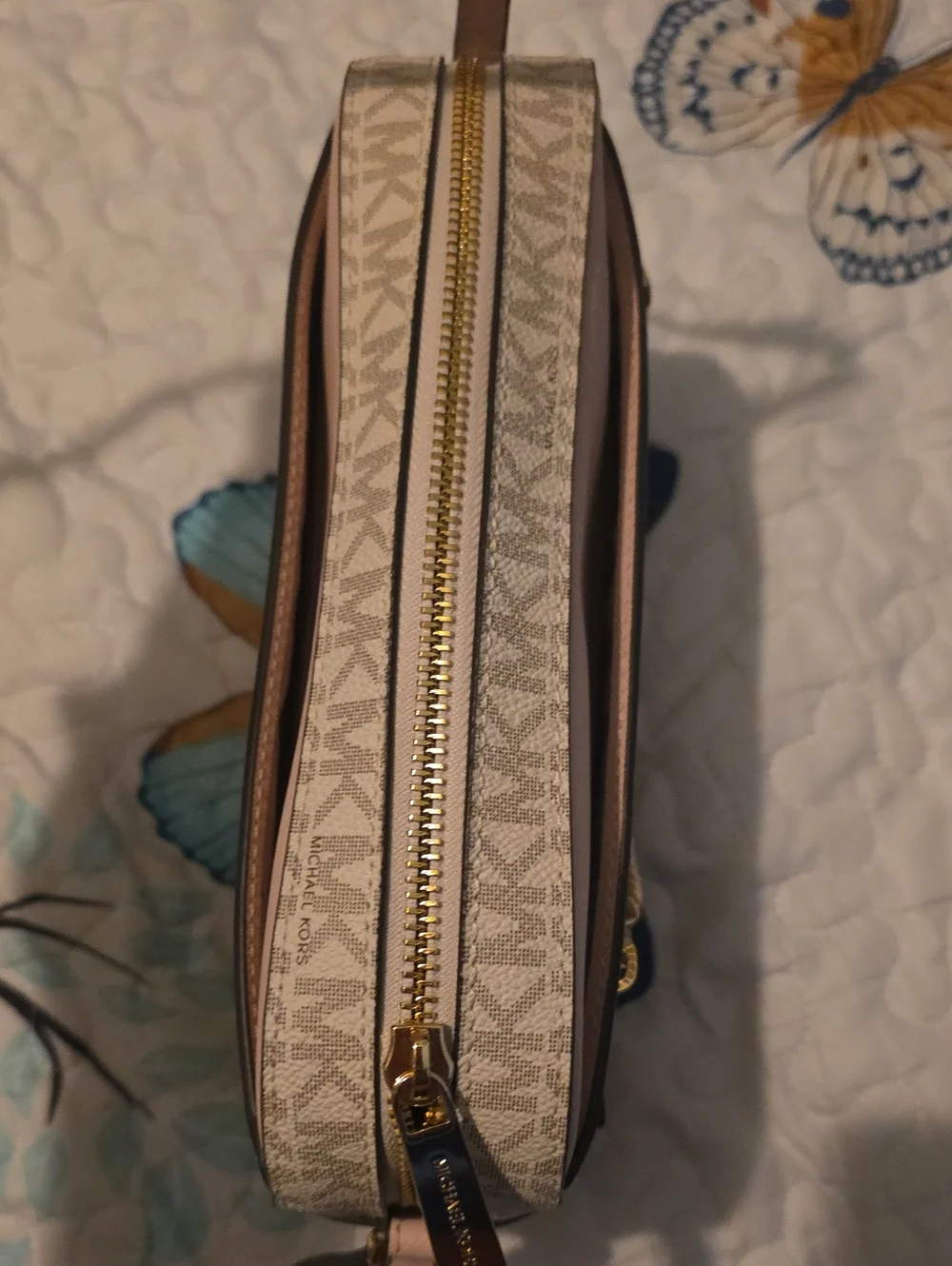 Michael Kors Beige Canvas Crossbody with Pink Trim and Gold Chain